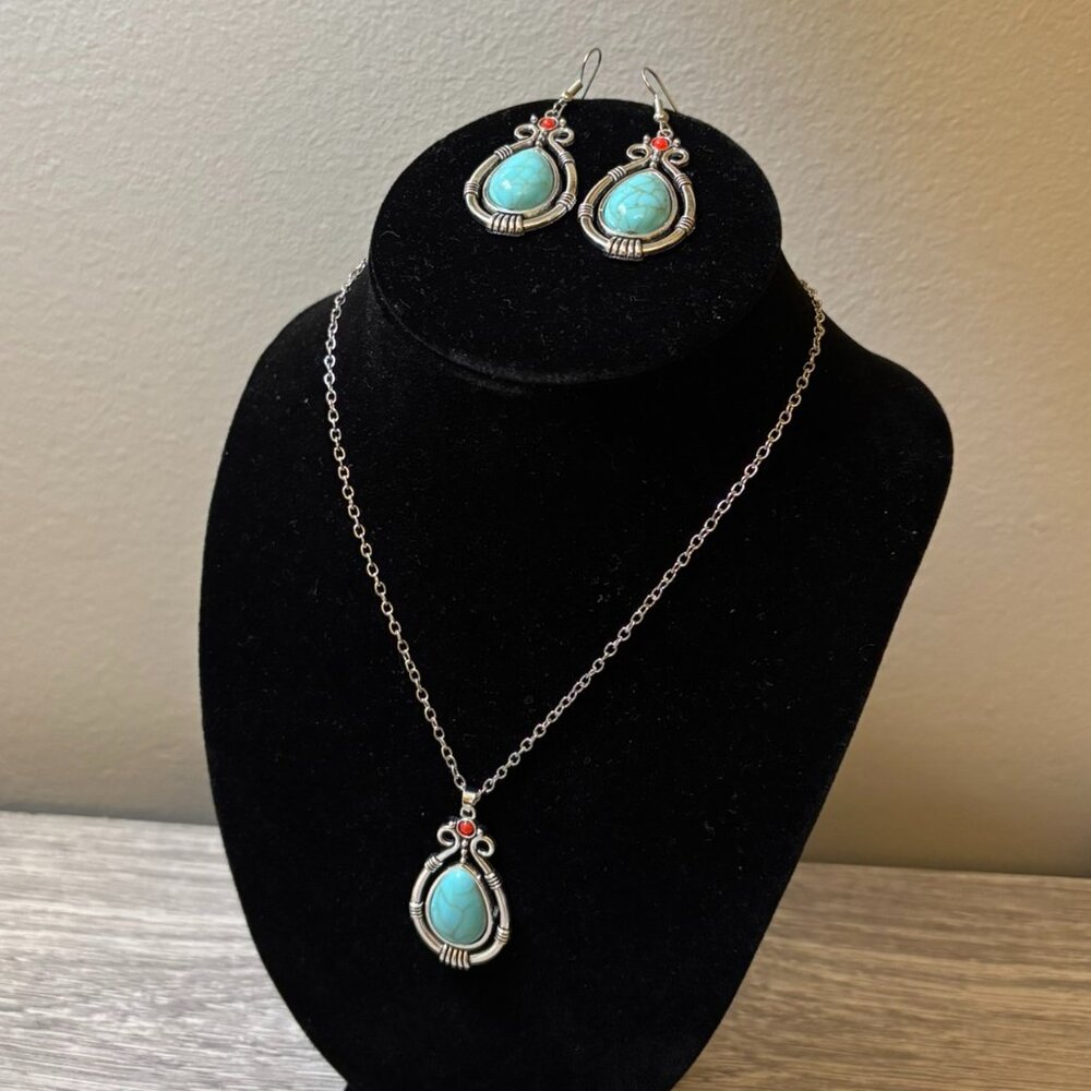 Silver, Turquoise & Red Accent Teardrop Necklace & Earring Set